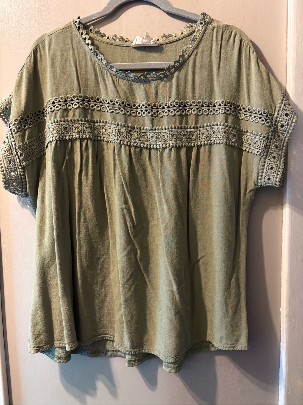 Relaxed Olive Green Crochet Yoke Tunic Top